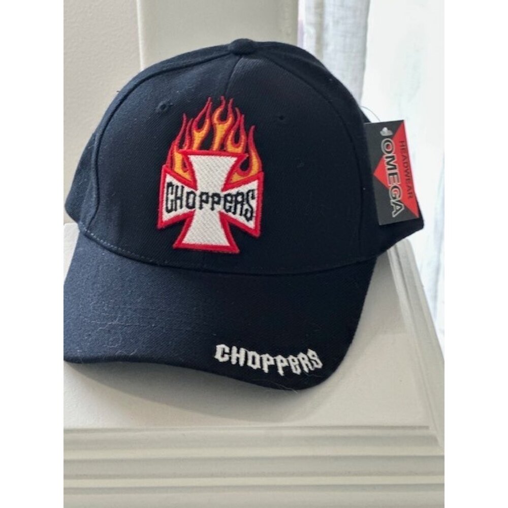 Omega Headwear Choppers Motorcycles Adjustable Baseball Hat Black Flames Cross